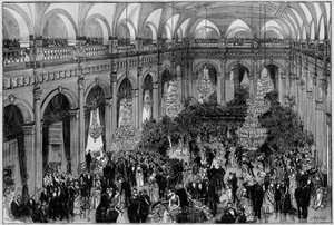 Den stora salen på Hôtel de Ville i Paris under det årliga firandet av kommunen. gravyr i "Den illustrerade världen"" 1885 av Unknown artist