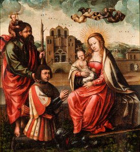 ""Jungfrun av Christopher Columbus"" (Jungfrun från Cristobal Colon) Jungfru och barn med Christopher Columbus och Saint Christopher Anonym målning 1540 - Olja på trä Dim 52x48 cm Museo Lazaro Galdiano, Madrid av Unknown artist