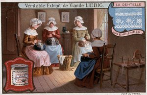 Spetsverkstad, Valenciennes, Liebig-reklam v. 1895 av Unknown artist