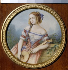 Den ryska skådespelerskan Varvara Asenkova (1817-1841), i rollen som Esmeralda hämtad från ""Notre Dame de Paris"" av Victor Hugo (1802-1885). (Ryska skådespelerskan Varvara Asenkova som Esmeralda). Anonymt verk, akvarell på papper av Unknown artist