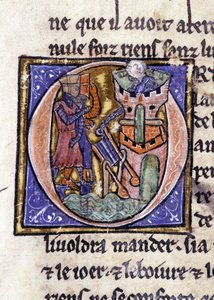 Lancelot på toppen av ett torn. Manuskript: Erövringen av Saint Gréal, skrivet 717 år efter vår herres passion. Bibliotheque Municipale de Rennes, ms. 255 (Samling av romaner av det runda bordet); Paris av Unknown artist