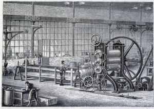 Stort valsverk för att reducera block av renat gummi till ark - i "" The wonders of the industry"" av Louis Figuier av Unknown artist
