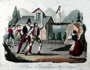 Sista scenen i akt II av "La somnambule (La sonnanbula") av Vincenzo Bellini. Gravyr från 1835. av Unknown artist