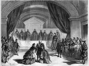 Sista etappen av teaterstycket "" Galilee", ett treakters drama av Francois Ponsard, en fransk poet och dramatiker (1814-1867) spelar på den franska komedieteatern i Paris. Gravyr i "" L
