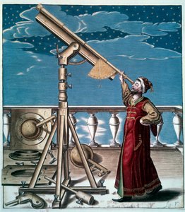 Astronomen: en man tittar på stjärnorna i den astronomiska ramen - Engraving du 17eme century - Paris, B.N. - Astronom: En man tittar på stjärnorna i teleskopet - Gravyr av Unknown artist
