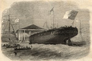 Lansering av den portugisiska korvetten "Sagres"" i Limehouse (London). Gravyr i "" The Illustrated London News"" av 5 juni av Unknown artist