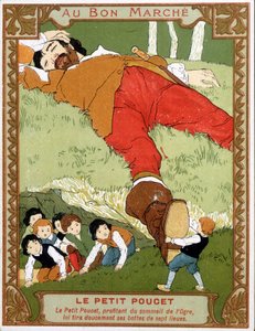 Le Petite Poucet tar av sig sina sjuliga stövlar till assoupi ogre - Bon Marché reklametikett, slutet av 1800-talet av Unknown artist