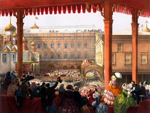 ""Kröningen av kejsar Alexander II (1818-1881) den 1855-02-18"" Utsikt över folkmassan - Anonym litografi av Unknown artist