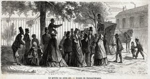 Le preche en plein air, i London, teckning av Durand Brager, för att illustrera En utflykt till Londons fattiga stadsdelar, 1862, av L.Simonin. Gravyr i "" Le tour du monde"", redigerad av Edouard Charton av Unknown artist