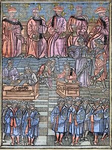 Le prevot des marchands et les echevins de Paris au 1500-talsgravyr efter originalet från 1528 - Provost för köpmän och rådmän i Paris, scen för skatteuppbörd, titelsida från 