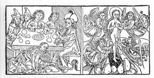 Till vänster: Sankta Maria Magdalena torkar Jesu fötter med håret. Till höger: Sankta Maria Magdalena stiger upp till himlen. Manuskript från 1488 tryckt i Nürnberg. Gravyr från "Leben der Heiligen - sommerteil" (Helgonets bok) av Jacobus (James) av Vora av Unknown artist