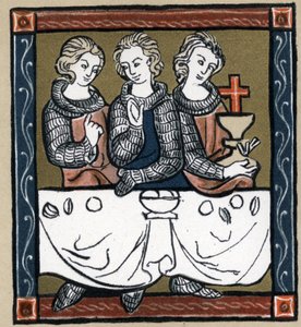 Legend Arthurian: Galahad (Gaalad eller Galaad), Perceval och Bohort (Bors eller Borrt) med den heliga gralen. I "History of French Literature" av Hermann Suchier av Unknown artist