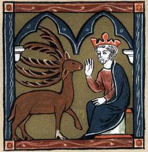 Legend Arthurian: Merlins metamorfos i femhjortar besöker Jules Cesar. I "History of French Literature" av Hermann Suchier av Unknown artist