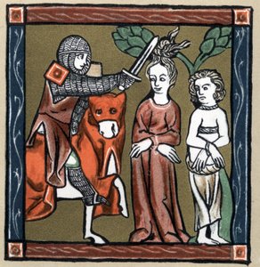 Legend Arthurian: Yvain (eller Owein) levererar riddaren Sagramor eller Sagremor och hans fru. I "History of French Literature" av Hermann Suchier av Unknown artist