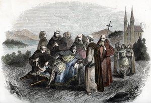 Legende des enerves de Jumieges: de två sönerna till den merovingiske kungen Clovis II, straffade för att ha gjort uppror mot sin far, samlas in av munkarna i klostret Jumieges, nära Rouen, ungefär 660 (Sönerna till kung Clovis II, efter att ha straffats f av Unknown artist