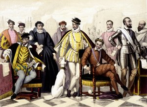 Les Valois - Från 1547 till 1589. Henrik II, Catherine de Medici (Caterina de Medici), Karl IX, Henrik III, Henrik IV. Gravyr av 1800-talet. av Unknown artist