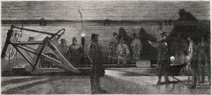 Les egouts de Paris: en "spolbåt"" som används för att rengöra uppsamlingsavloppet - Gravyr från "Le Monde Illustré"" av Unknown artist