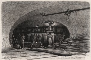 Paris avloppsledningar: böjning av röret nära Saint Michel-bron (Saint-Michel), place du Chatelet - Gravyr i "" Le Monde Illustré"" av Unknown artist