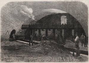 Paris avloppsledningar: den stora kammaren och smidesverkstäderna Notre Dame-bron (Notre-Dame) - Gravyr i ""Le Monde Illustré"" av Unknown artist