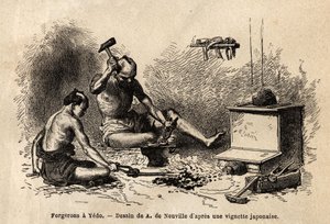 Låt oss smeder framför deras smedja i Yedo (eller Edo, den kejserliga huvudstaden, dagens Tokyo). Gravyr för att illustrera resan till Japan, 1863-1864, av Aime Humbert, minister för Schweiziska edsförbundet, i "" Le tour du monde, nouveau journal des vo av Unknown artist