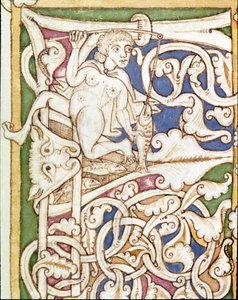 Lettrine P dekoree av representationen av en kvinna som fiskar en fisk. Miniatyr från en bibel (Gamla testamentet) (Ms 3088) Coimbra från 1100-talet, Universitetsbiblioteket av Unknown artist