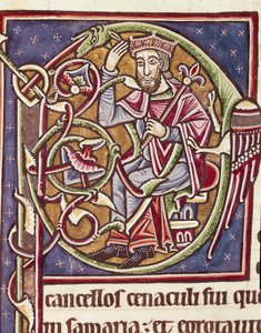 Lettrine P dekorerad av representationen av kungen av landet Moab Miniatyr från en bibel (Ms 3088) Coimbra från 1100-talet, universitetets bibliotheque av Unknown artist