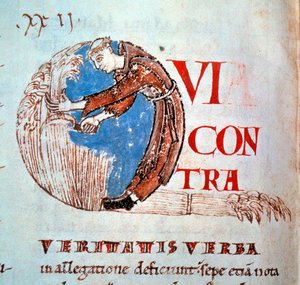 Lettrin "" Q"" som representerar en munk som klipper bles. Miniatyr tagen från "Moralia in Job"" av Gregoire I said the Great or Dialogue (532-604) av Unknown artist