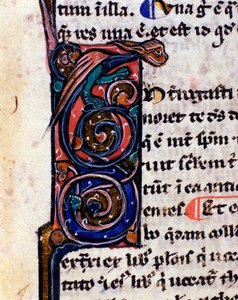 Lettrine-dekoratör av ett gotiskt monster som påminner gargoylerna. Detalj av 1300-talsmanuskript. av Unknown artist