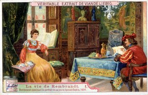 Liebig-kromolitografi om Rembrandts liv (1606 - 1669), holländsk målare. Här tecknar porträttet av sin unga hustru Saskia 1654. av Unknown artist
