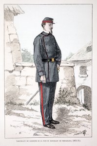 Löjtnant av fredsväktare av Versailles bataljon (1871-1873). Etsning i färger, för illustration "History of the Corps of Peacekeepers""" bok utgiven under beskydd av Louis Lepine (1846-1933), prefekt för polisen på Seine, av A av Unknown artist