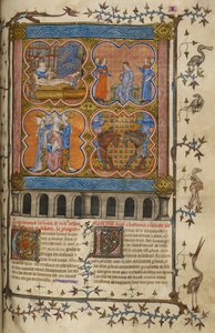 Julius Caesars liv: fyra miniatyrer som visar hans födelse, skilsmässa, pontifikat och slagsmål med Pompejus; text med dekorerade initialer och bård med fåglar och grotesker. av Unknown artist