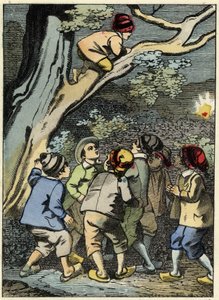Little Poucet klättrar på ett träd och letar efter sin väg. Han plockar upp ett ljus i skogen. Illustration av Charles Perraults berättelse "" Le Pepetit Poucet" av Unknown artist