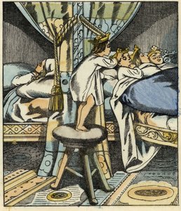 Lilla Poucet sätter kronorna av ogrens sju döttrar på huvudet på sina bröder. Illustration av berättelsen "" Le Petite Poucet"" av Charles Perrault av Unknown artist