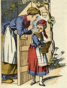 Rödluvans mamma ger sina sista rekommendationer för att åka till mormoderns hus. Illustration av berättelsen "Rödluvan" av Charles Perrault av Unknown artist