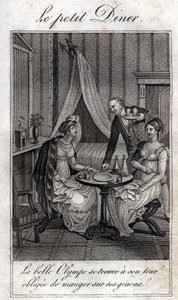 Liten middag. Olympe de Gouges (1748-1793), fransk kvinna av bokstäver och revolutionär med Celine en av hennes vänner. av Unknown artist