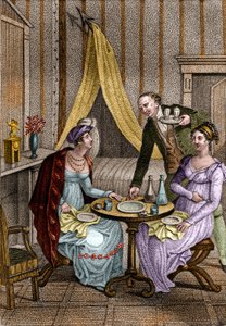 Liten middag. Olympe de Gouges (1748-1793), fransk kvinna av bokstäver och revolutionär med Celine en av hennes vänner. i "" Conseils a ma fille "" av Jean Nicolas Bouilly (1763-1842). 1820. Privat samling. av Unknown artist