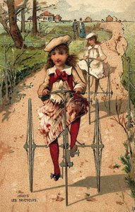 Små flickor som kör trehjulingar. Kromolitografi runt 1890. av Unknown artist