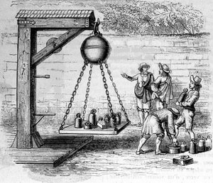 Laddar Magdeburgska halvklot upphängda för att beräkna atmosfärstryck - i "Ottonis de Guericke: Experimenta Nova Magdeburgica de vacuo spatio"" av Otto von Guericke (Otto de Guericke av Unknown artist