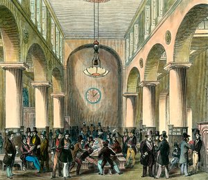 London Stock Exchange: Börs i London på 1800-talet. Gravyr. Privat samling. av Unknown artist