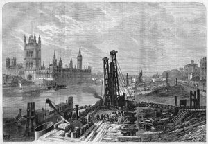 London, byggande av hamnar på Themsens södra strand, mitt emot den administrativa staden Westminster på norra stranden. I “” L