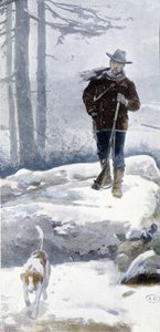 Ensam jägare med hund i ett snöigt landskap, sent 1800-tal av Unknown artist