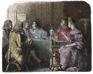Ludvig XIV gör affärer med sina ministrar i Madame de Maintenons lägenheter (gravyr) av Unknown artist