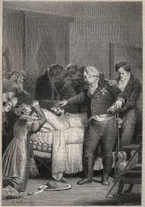 Ludvig XVIII vid hertigen av Berrys dödsbädd - De sista ögonblicken av hertigen av Berry den 13 februari 1820 (1778 - 1820) på Parisoperan omgiven av Ludvig XVIII och kungafamiljen - gravyr i "Histoire de France berätta för min barnbarn” av Unknown artist