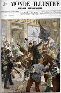 Louise Michel (1833-1905), en fransk revolutionär, viftade med en svart flagga inskriven "bröd eller död", under plundringen av ett bageri under arbetardemonstrationen den 9 mars 1883 i Paris. av Unknown artist
