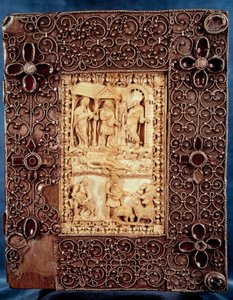 Nedre skålen i Psaltaren av Karl den skallige (Karl II) (823-877): elfenbensminiatyr föreställande Natan kom för att döda barnet, en av det äktenskapliga förhållandet mellan kungen av Israel David och Betsabee. 850-875. Paris, B.N. av Unknown artist