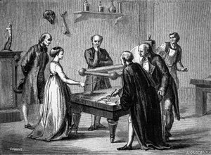 Luigi Galvani, professor i Bologna, upptäckte 1780 grodmusklernas irritabilitet genom elektricitet. Gravyr av 1800-talet. av Unknown artist