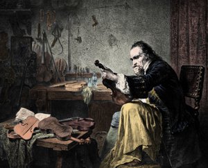Luthier Stradivarius (Antonio Stradivari) (1644-1737) i sin verkstad. Gravyr av Hammann.Violinformgivare Antonio Stradivari (Stradivarius) på jobbet. av Unknown artist