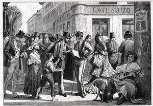 Madrid 1873. Vandrare i hörnet av Sevillagatan och Alcalagatan. Gravyr från 1873. av Unknown artist