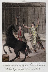 Magisk ceremoni av en shaman Yakoute (Yakoute) för att bota en sjuk (Sibirien) - gravyr, deb. 1800-talet av Unknown artist