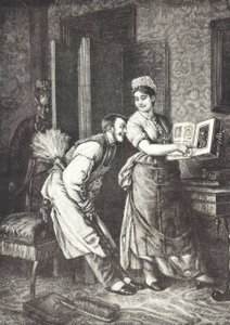 Hembiträde tar sig friheter och hörs av husets älskarinna (litho) av Unknown artist